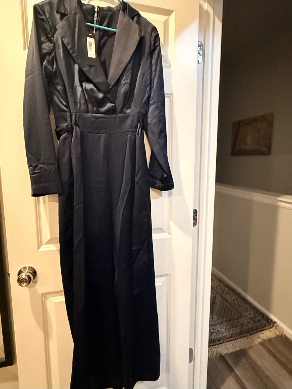 bebe Satin Navy Wrap Jumpsuit with Self-Tie Waist - Picture 5 of 5